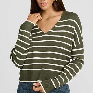 Express Ultrasoft Relaxed Striped V-Neck Sweater, olive green, size small
